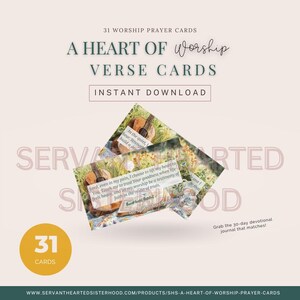 Puede incluir: Tarjetas de versos A Heart of Worship, descarga instantánea. Las tarjetas presentan una imagen de guitarra y texto inspirador. La imagen incluye el texto "31 Tarjetas de oración de adoración" y "Descarga instantánea". Un círculo amarillo muestra el número "31" y la palabra "Tarjetas".