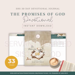 Könnte beinhalten: Ein Andachtstagebuch mit dem Titel "The Promises of God" mit dem Text "Sofort-Download". Das Cover zeigt eine Illustration eines Buches, Kaffee und florale Elemente. Das Journal hat 33 Seiten und stammt von Servant Hearted Sisterhood.