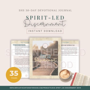 May include: A devotional journal titled "Spirit-Led Discernment" with the text "Instant Download." The journal is open to reveal interior pages. A cup of coffee and an open book are also visible. The journal has 35 pages.