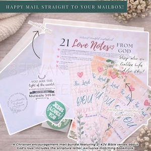 May include: A Christian encouragement mail bundle with a scripture letter, bookmarks, and stickers. The bundle includes 21 KJV Bible verses about God's love. The stickers say "Jesus Loves You". The bookmarks say "The Lord loves you deeply".