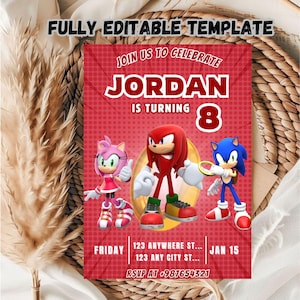 Pode incluir: Um convite de aniversário vermelho, branco e azul com personagens do Sonic the Hedgehog. O convite diz "Junte-se a nós para celebrar o aniversário de 8 anos do Jordan".