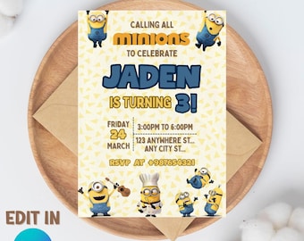 Editable and Printable Minions Birthday Party Invitation Template (5x7) Digital downloadable product