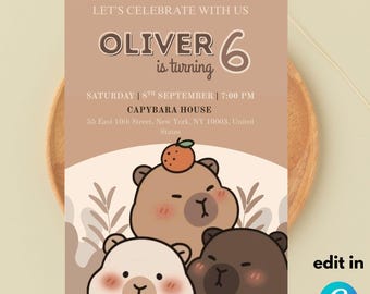 Editable Capybara Birthday Party Invitation Template ( 5x7 ) Digital Downloadable Products