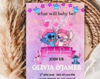 Stitch Gender Reveal Invitation Template: He or She (Editable Canva PDF, 5x7)