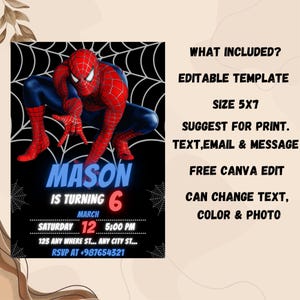 Puede incluir: Una invitaci&oacute;n de cumplea&ntilde;os con Spider-Man en cuclillas sobre un fondo negro con un dise&ntilde;o de telara&ntilde;a blanca. La invitaci&oacute;n incluye el nombre "MASON", la edad "6", la fecha, la hora y la informaci&oacute;n RSVP. El texto tambi&eacute;n menciona una plantilla editable.