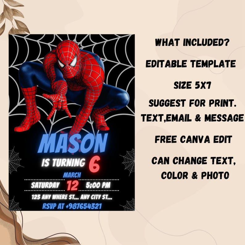 Puede incluir: Una invitaci&oacute;n de cumplea&ntilde;os con Spider-Man en cuclillas sobre un fondo negro con un dise&ntilde;o de telara&ntilde;a blanca. La invitaci&oacute;n incluye el nombre "MASON", la edad "6", la fecha, la hora y la informaci&oacute;n RSVP. El texto tambi&eacute;n menciona una plantilla editable.