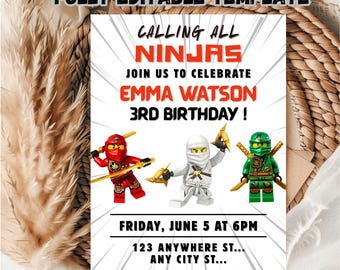 Editable Ninja Birthday Invitation Template: Kids Party (Digital Download, 5x7 PDF File)