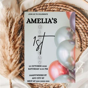 Editable Baby 1st Birthday Invitation Template / baby Girl 1st Birthday Invitation Template / Instant Downloadable and Editable Template