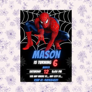 Puede incluir: Una invitaci&oacute;n de cumplea&ntilde;os con Spider-Man en cuclillas sobre un fondo negro con un dise&ntilde;o de telara&ntilde;a blanca. La invitaci&oacute;n incluye el nombre "MASON", la edad "6", la fecha, la hora, la direcci&oacute;n y la informaci&oacute;n de RSVP.