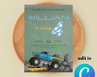 Monster Truck Birthday Invitation Template: Kids Racing Party (Editable, Digital Download)