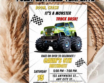 Editable Monster Truck Birthday Invitation Template: Gamer Boys Party (Digital Download, 5x7 PDF)