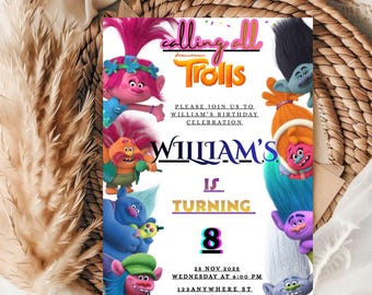 Editable Troll Birthday Party Invitation Template ( 5x7) Digital downloadable Product