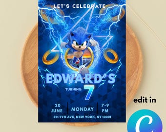 Editable Sonic Birthday Invitation Template: 5x7 Digital Download