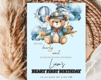 Editable Bear 1st Birthday Invitation Template (Digital Download)