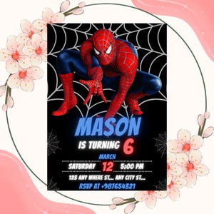 Puede incluir: Una invitaci&oacute;n de cumplea&ntilde;os con Spider-Man en cuclillas sobre un fondo negro con un dise&ntilde;o de telara&ntilde;a blanca. La invitaci&oacute;n incluye el nombre "MASON", la edad "6", la fecha, la hora, la direcci&oacute;n y la informaci&oacute;n de RSVP.