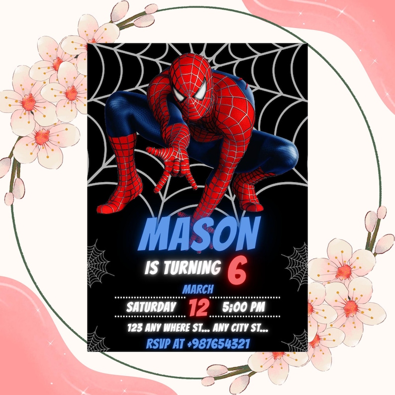 Puede incluir: Una invitaci&oacute;n de cumplea&ntilde;os con Spider-Man en cuclillas sobre un fondo negro con un dise&ntilde;o de telara&ntilde;a blanca. La invitaci&oacute;n incluye el nombre "MASON", la edad "6", la fecha, la hora, la direcci&oacute;n y la informaci&oacute;n de RSVP.