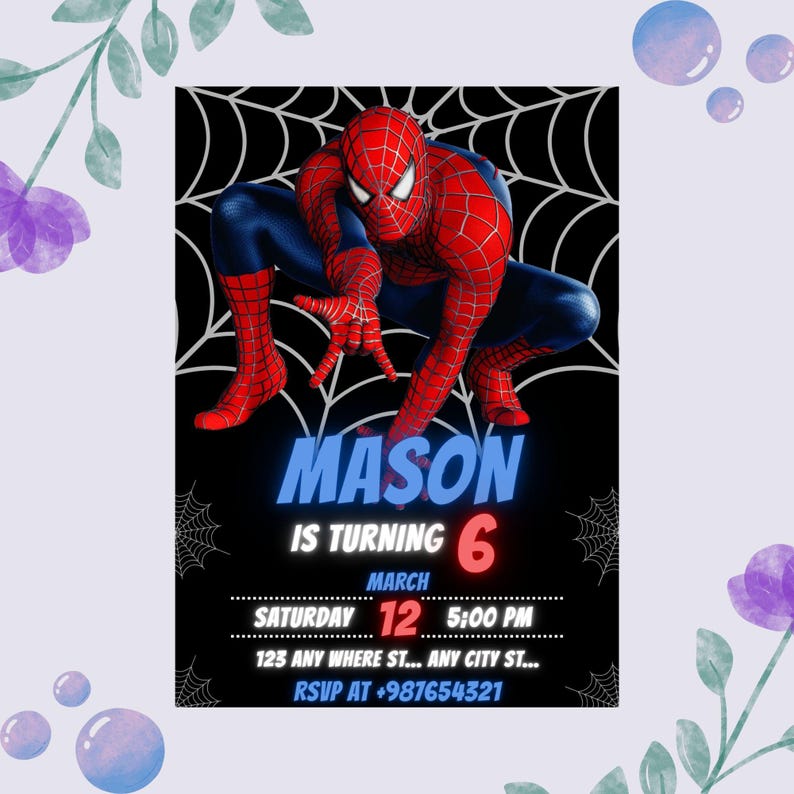 Puede incluir: Una invitaci&oacute;n de cumplea&ntilde;os con Spider-Man en una pose din&aacute;mica sobre un fondo de telara&ntilde;a. La invitaci&oacute;n incluye el nombre "MASON", la edad "6", la fecha, la hora y la informaci&oacute;n de RSVP. La combinaci&oacute;n de colores es rojo, azul y negro.