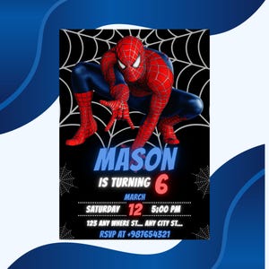 Puede incluir: Una invitaci&oacute;n de cumplea&ntilde;os con Spider-Man en una pose din&aacute;mica sobre un fondo negro con telara&ntilde;as blancas. La invitaci&oacute;n incluye el nombre "MASON", la edad "6", la fecha, la hora, la direcci&oacute;n y la informaci&oacute;n RSVP.