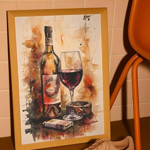 Red Wine Art Poster - Perfect Gift for Wine Lovers, Red Wine Digital Wall Art, Wine Glass & Bottle Poster, Home Decor Print, Wine Splash Art