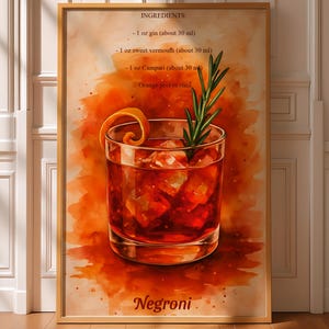 Negroni Cocktail Recept Verticale Poster - Italiaanse Aperitief Print, Bar Decor, Keuken Drank Poster, Aquarel Negroni Kunst - Bar Cart Decor