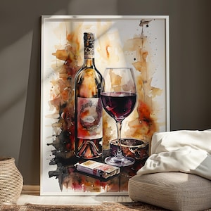 Rotwein-Kunstposter | Perfektes Geschenk für Weinliebhaber, Rotwein Digitale Wandkunst, Weinglas & Flaschenposter, Home Decor Print