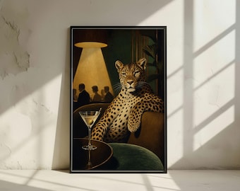 Leopard Cocktail Lounge Wall Art Print: Vintage Luxury Animal , Moody Bar Decor (Digital Download)