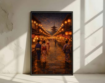 Kyoto Lantern Street Market Wall Art - Kimono Street Scene Print - Traditional Japan Decor