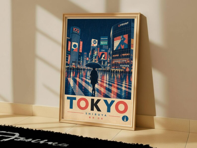 Tokyo Shibuya Crossing Print: Vintage Night Rain Poster, Japanese City ...