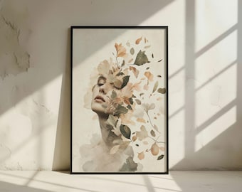 Surrealist Woman Botanical Art Print: Floral Face Wall Decor, Boho Bedroom Decor (Digital Download)