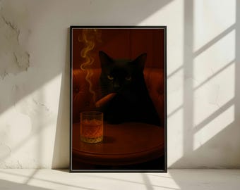 Gothic Black Cat with Whiskey Wall Art - Moody Home Bar Poster (Digital Download)