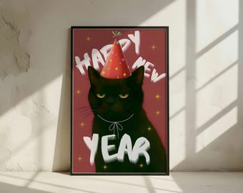 Grumpy Black Cat New Year Art Print, Funny Cat Poster (Digital Download)