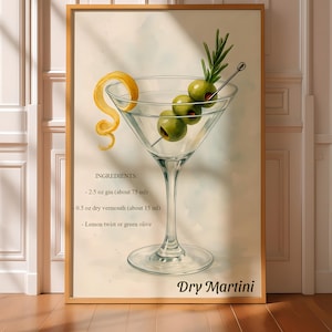 Affiche verticale de cocktail Dry Martini - Décoration murale classique au gin, décoration murale Dry Martini, décoration de chariot de bar