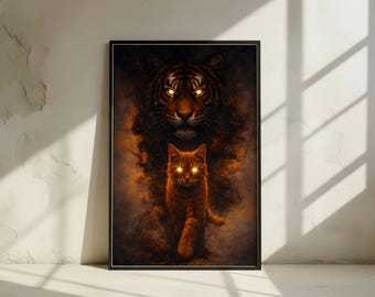 Tiger and Cat Spirit Animal Art Print | Fantasy Power Decor (Digital Download)