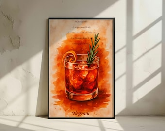Watercolor Negroni Cocktail Recipe Art Print: Italian Aperitif (Digital Download)