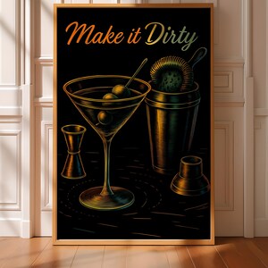 Dirty Martini Vertical Poster - Bar Cart Decor, Cocktail Poster in 5 Sizes, Retro Style for Bar or Home - Dirty Martini Wall Art