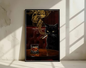 Black Cat and Whiskey Lounge Art Print | Dark Humor Bar Decor (Digital Download)