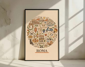 Roma Italy Travel Poster - Colosseum Vespa Pizza Decor - Rome Wall Art