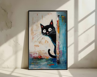 Affiche Numérique Chat Noir Abstrait | Téléchargement Instantané | Art Moderne Coloré | Décoration Murale Animaux