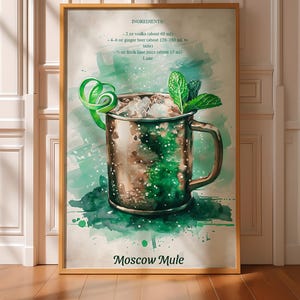 Plakat pionowy z koktajlem Moscow Mule - plakat z przepisem na napój akwarelowy, dekoracja ścienna wózka barowego, prezent dla miłośników wódki, znak Happy Hour