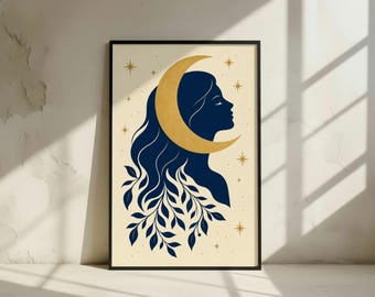 Celestial Woman Art Print: Navy Gold Moon Botanical Silhouette Poster (Digital Download)
