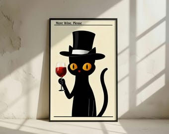 Kunstprint grappige kat met wijn: grillig keukenbardecor (digitale download)
