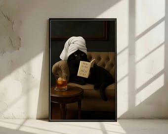 Black Cat Wall Art reading a book | Funny Wall decor | Digital Download