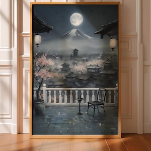 Poster paesaggio notturno giapponese - Stampa del Monte Fuji fiori di ciliegio, poster estetico giapponese, arte murale al chiaro di luna