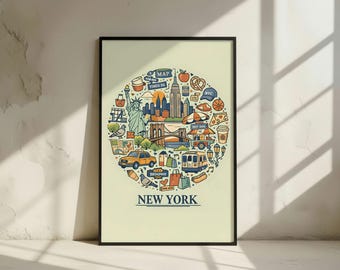 New York Travel Poster - NYC Illustration Wall Art - Statue of Liberty Skyline Print