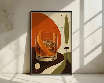 Old Fashioned Cocktail Print: Mid Century Modern Bar Decor, Retro Bourbon Poster (Digital Download)