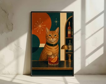Ginger Cat Negroni Art Print: Mid Century Bar Tabby Poster, Cocktail Cat Wall Decor (Digital Download)