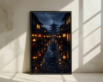 Japan Night Rain Wall Art - Japanese Lantern Street Poster - Asian Temple Print