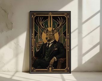 Hert Whiskey Kunstprint: Art Deco Gentleman Hert Poster, Donkere Mannelijke Dieren Muurdecoratie (Digitale Download)