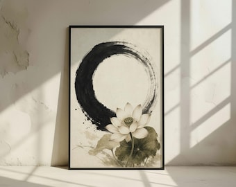 Enso Circle Lotus Art Print: Japanese Zen Wall Decor, Sumi-e Poster (Digital Download)