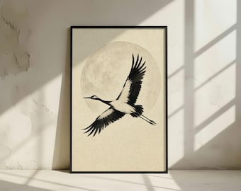 Japanese Crane Wall Art: Minimalist Moon Print, Zen Bird Decor (Digital Download)